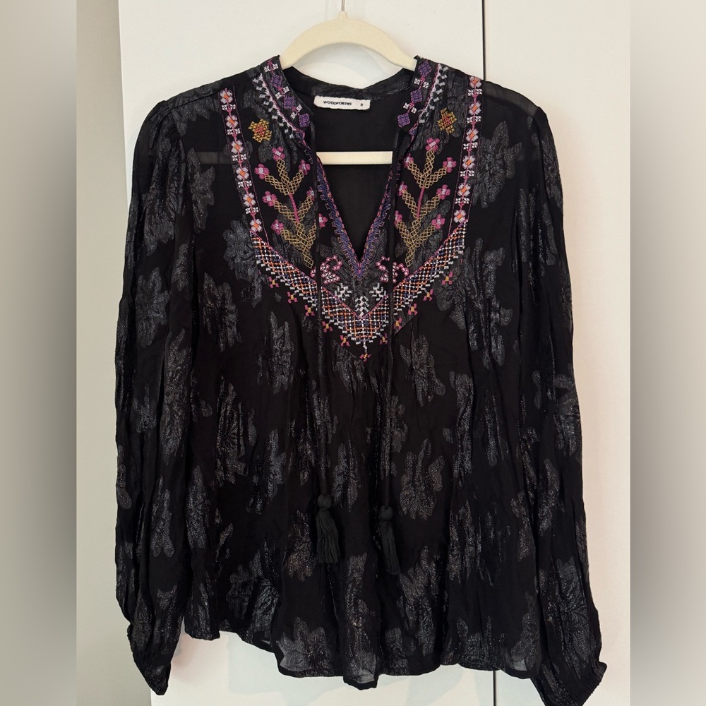 Woolworths Black Embroidered V-Neck semi sheer top